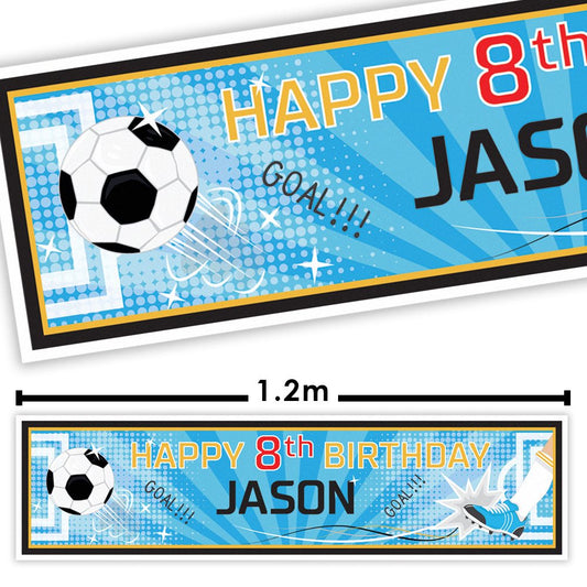 Birthday banner with football theme and text 'Happy 8th Birthday Jason' on a blue background.