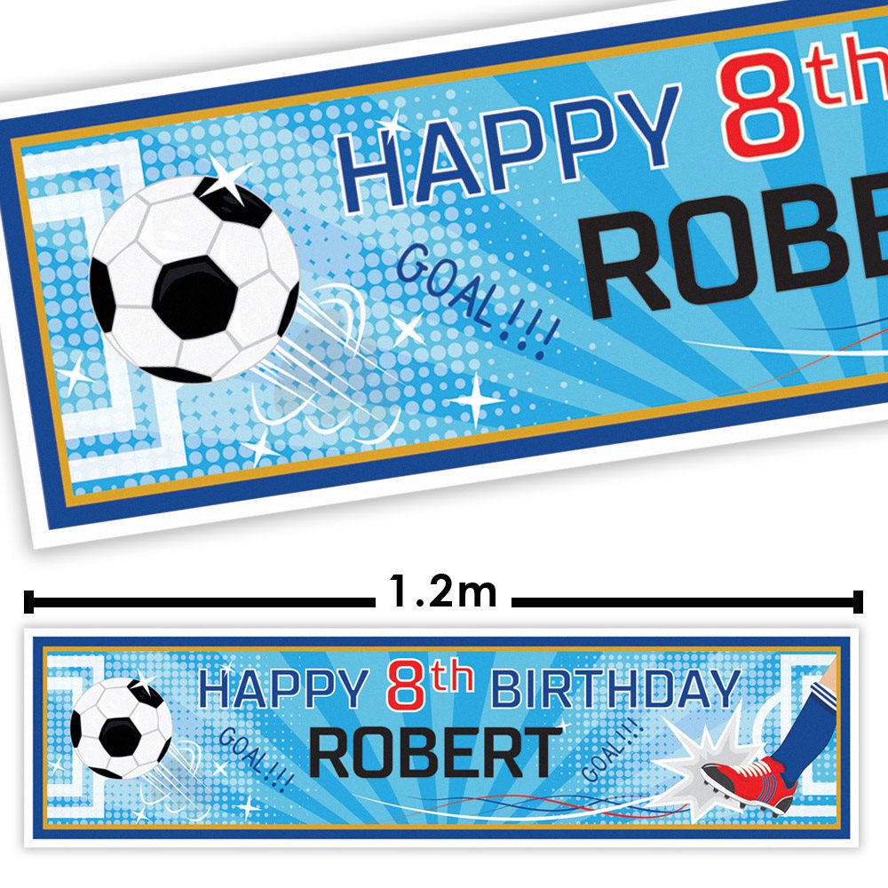 Soccer-themed birthday banner with text 'Happy 8th Birthday Robert' on a blue background.