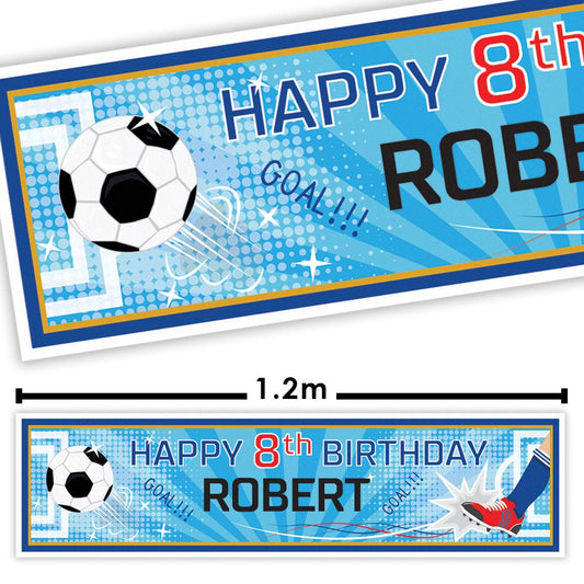 Soccer-themed birthday banner with text 'Happy 8th Birthday Robert' on a blue background.