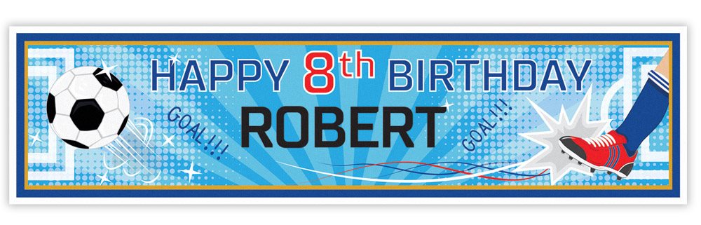 Birthday banner with soccer ball, star, and text for Robert's 8th birthday