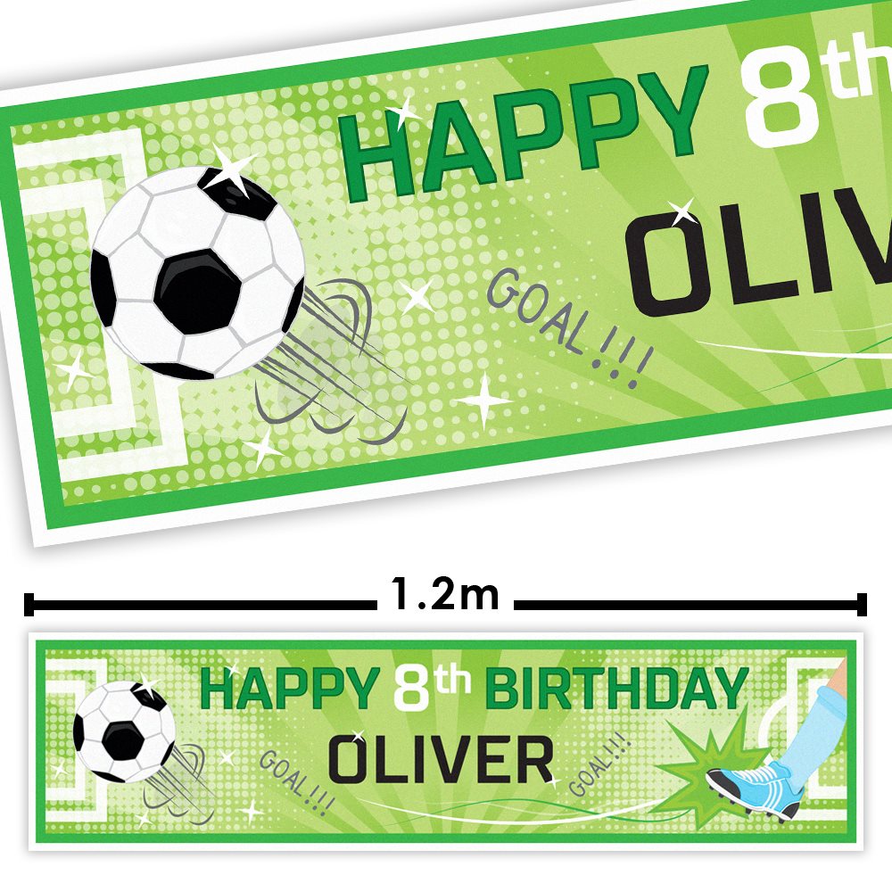 Birthday banner with football ball and goal design, personalised for Oliver's 8th birthday.