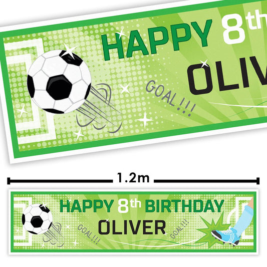 Birthday banner with football ball and goal design, personalised for Oliver's 8th birthday.