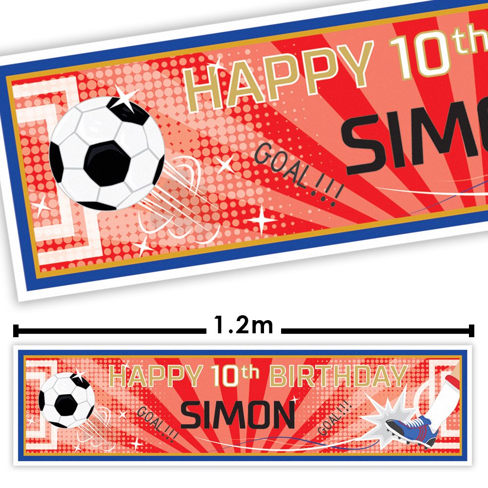 Birthday banner with football theme and text 'Happy 10th Birthday Simon' on a white background.