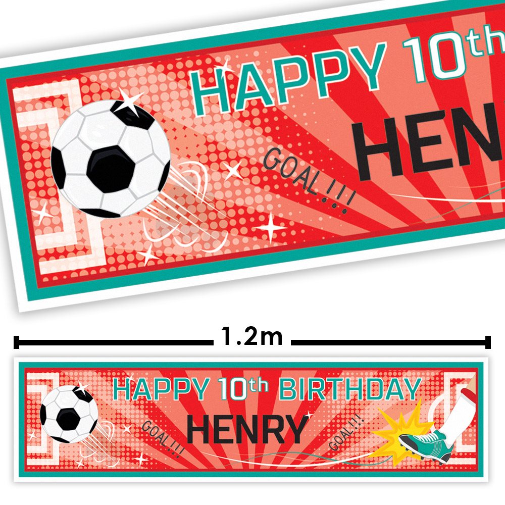 Birthday banner with soccer ball design and text for a 10th birthday party.