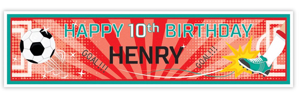 Birthday banner with sports-themed graphics and 'Happy 10th Birthday Henry' text.