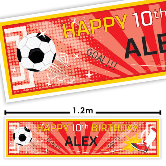 Birthday banner with soccer football design and text 'Happy 10th Birthday Alex' on a red and yellow background.
