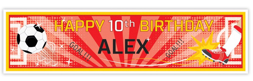 Birthday banner with sports-themed design and text 'Happy 10th Birthday Alex' on a red and yellow background.