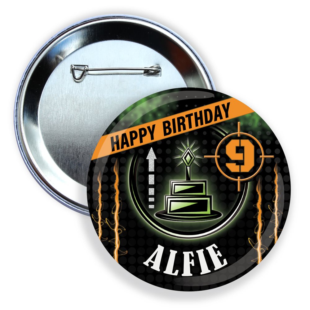 Round button badge with 'Happy Birthday Alfie' text and birthday cake design on a black background.