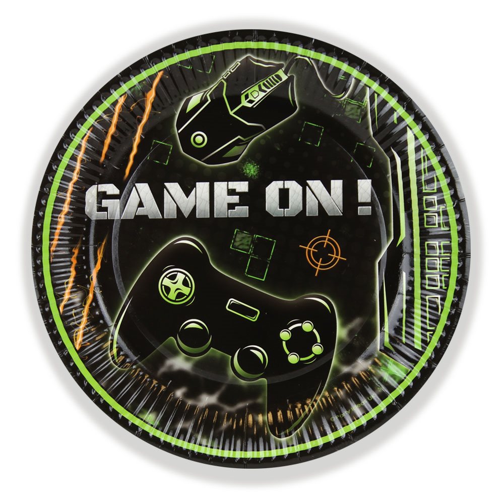 Gaming-themed paper plate with controller design and 'Game On!' text on a white background