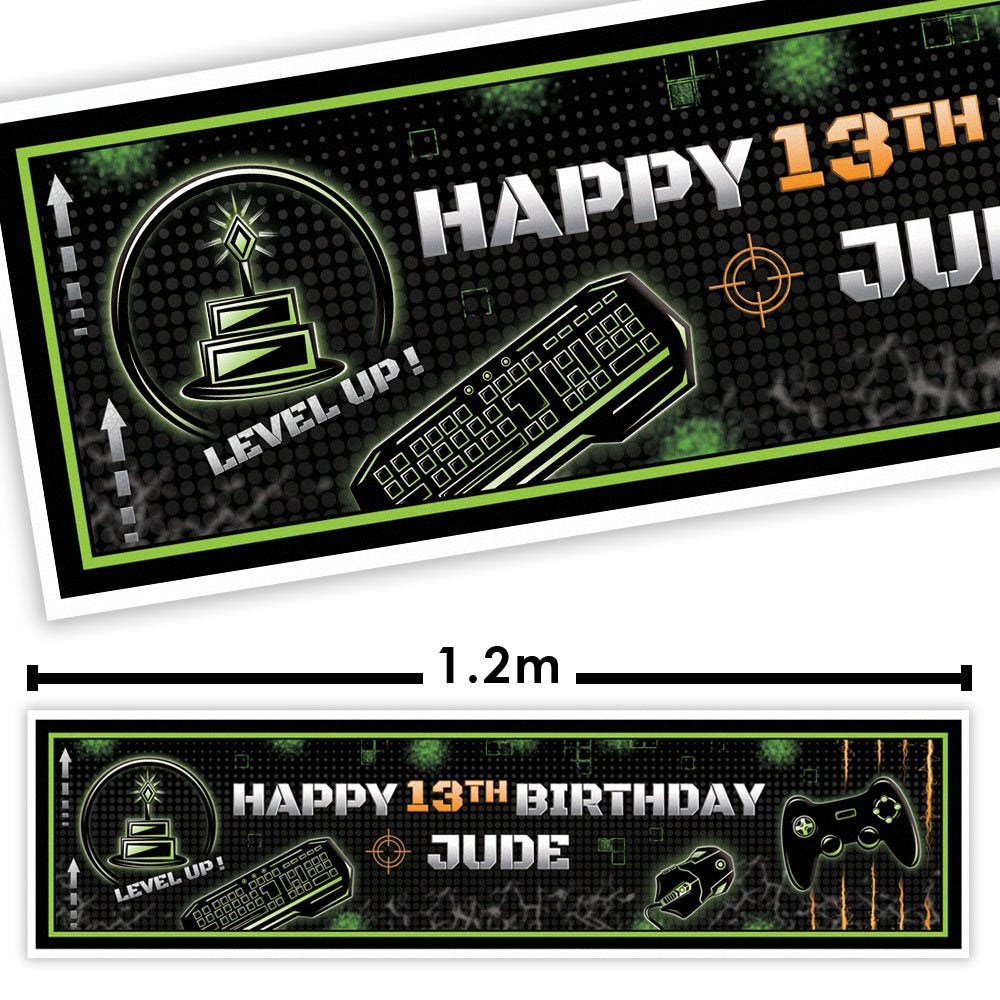Personalized birthday banner with gaming theme and text 'Happy 13th Birthday Jude' on a black background.