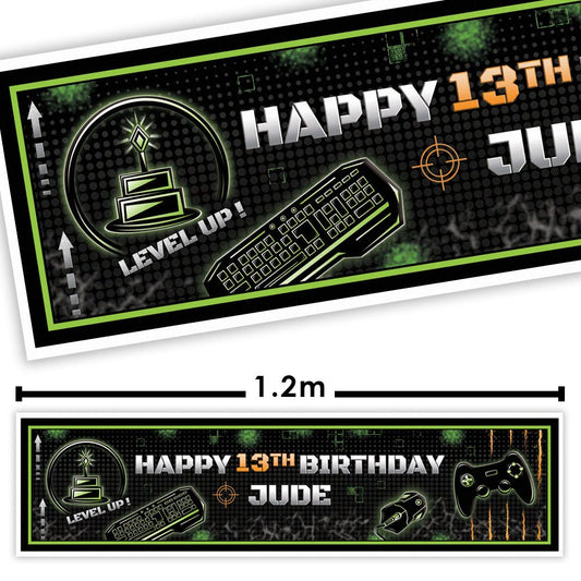 Personalized birthday banner with gaming theme and text 'Happy 13th Birthday Jude' on a black background.