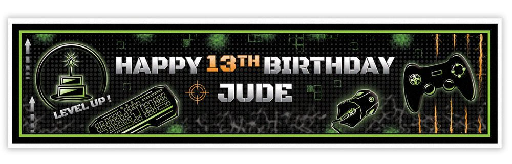 Gaming-themed birthday banner with text 'Happy 13th Birthday Jude' on a black background with game controller and console graphics.
