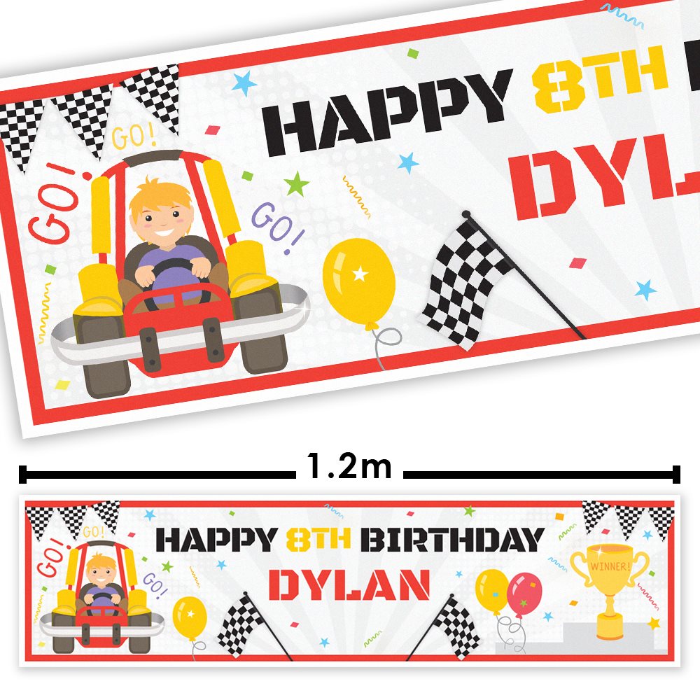 Birthday banner with a child in a car, balloons, and checkered flags for Dylan's 8th birthday.