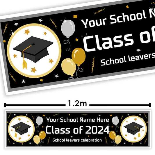 Graduation-themed banner with customisable text for school leavers celebration.
