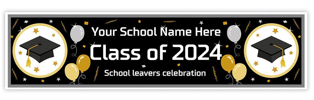 Graduation-themed banner with customisable text for Class of 2024 school leavers celebration.