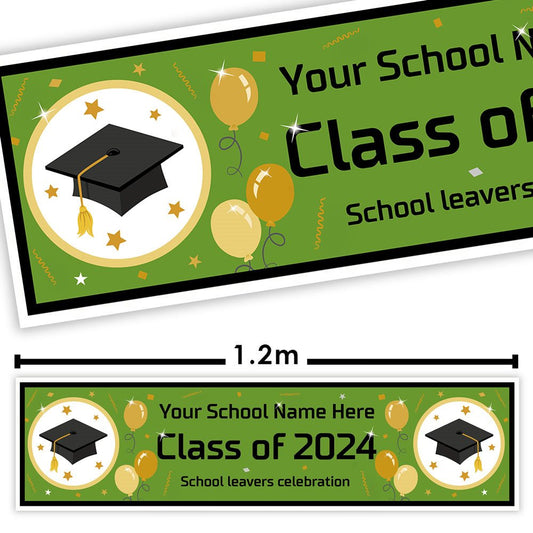 Graduation-themed banner with customisable text for school leavers celebration, featuring a black graduation cap and gold balloons on a green background.