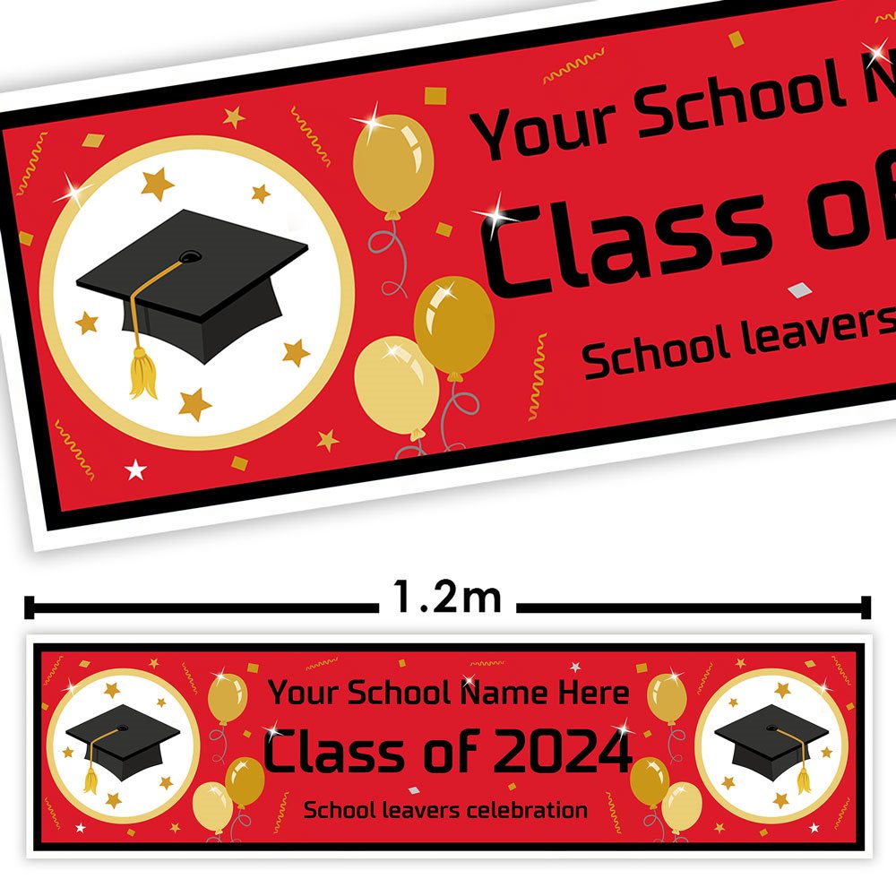 Graduation-themed banner with school name placeholder and class year on a red background