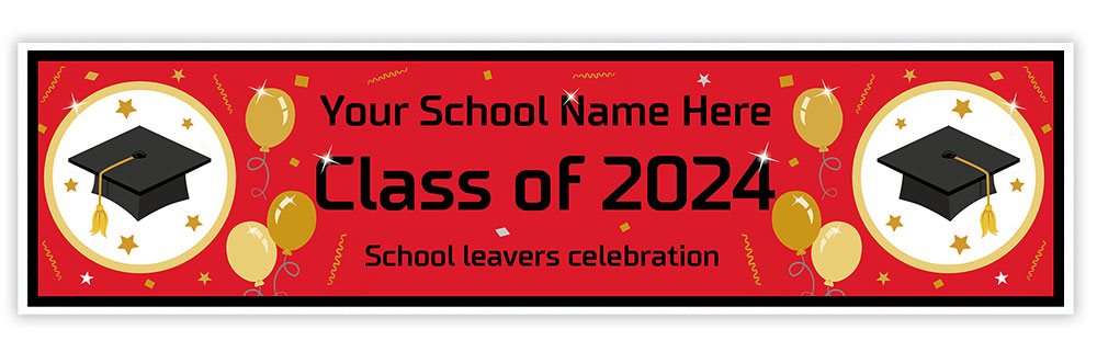 Graduation-themed banner with school name placeholder and 'Class of 2024' text on a red background.