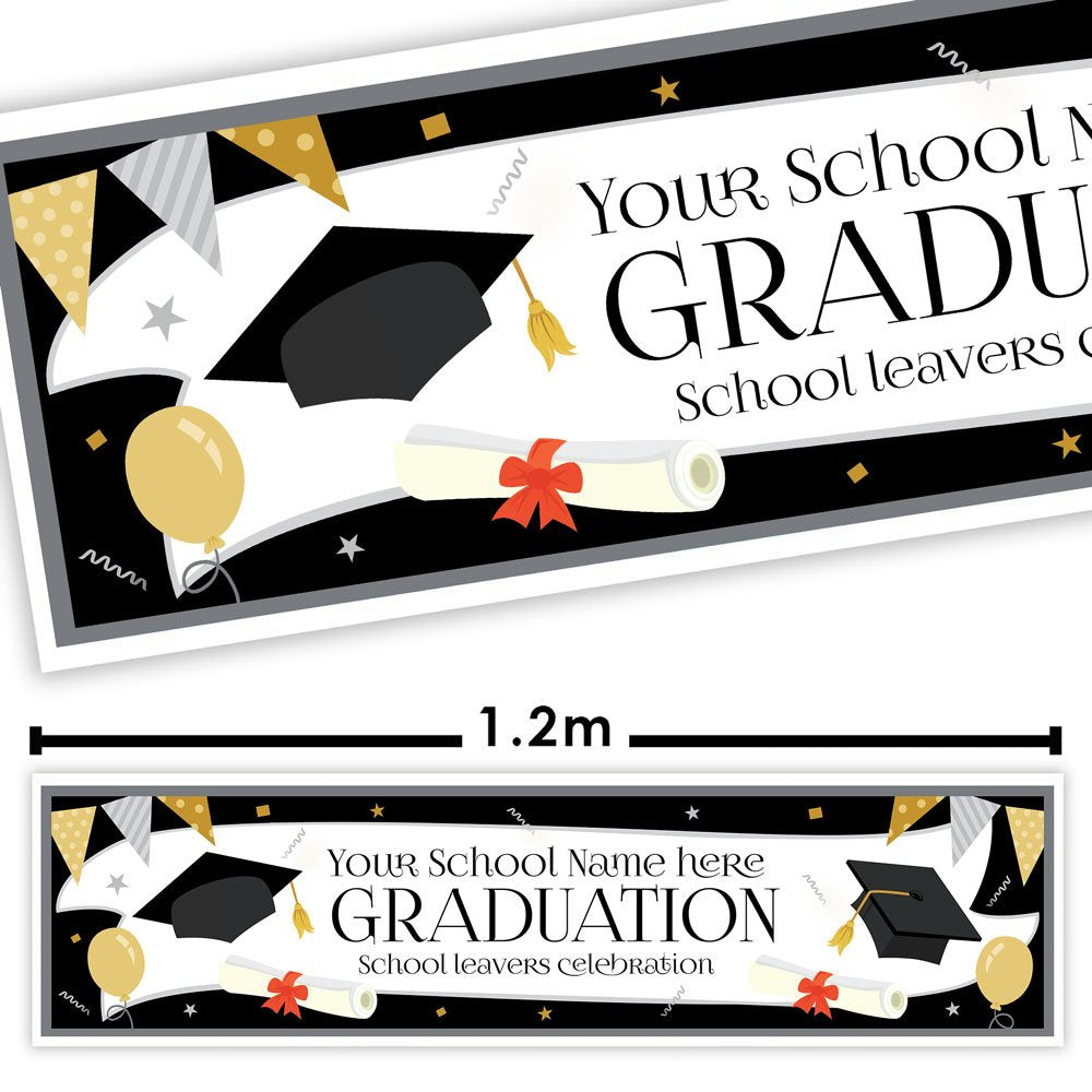 Graduation-themed banner with customizable text for school leavers celebration.