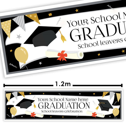 Graduation-themed banner with customizable text for school leavers celebration.