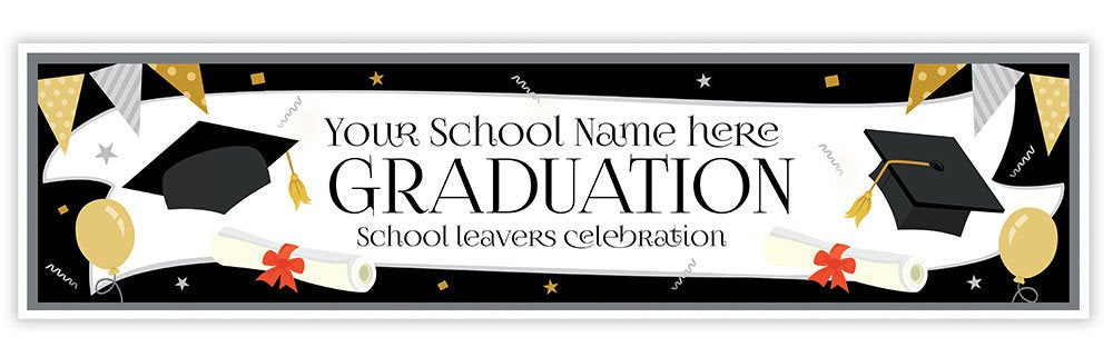 Graduation-themed banner with customisable text for school name and event description.