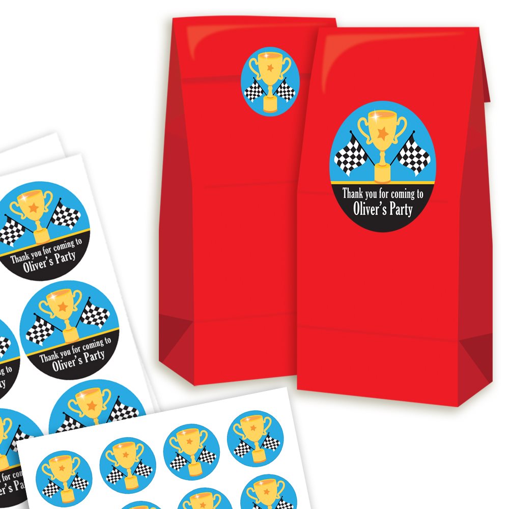 Red party favour bags with race car theme stickers on a white background