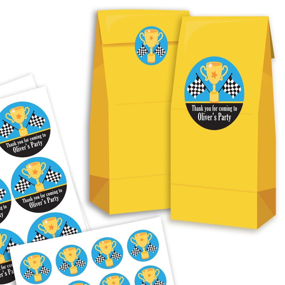 Yellow party favour bags with race-themed stickers on a white background