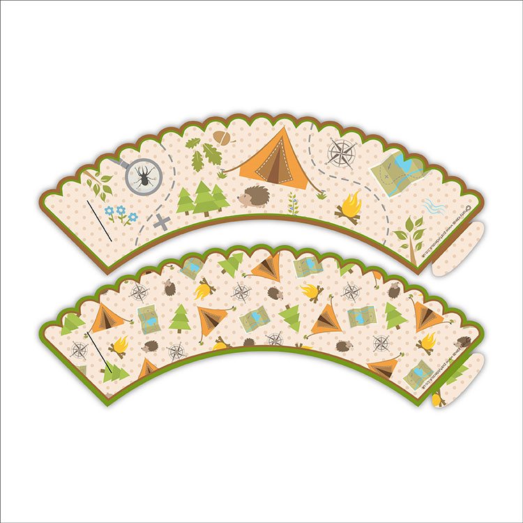 Two decorative paper crowns with camping-themed designs on a white background.
