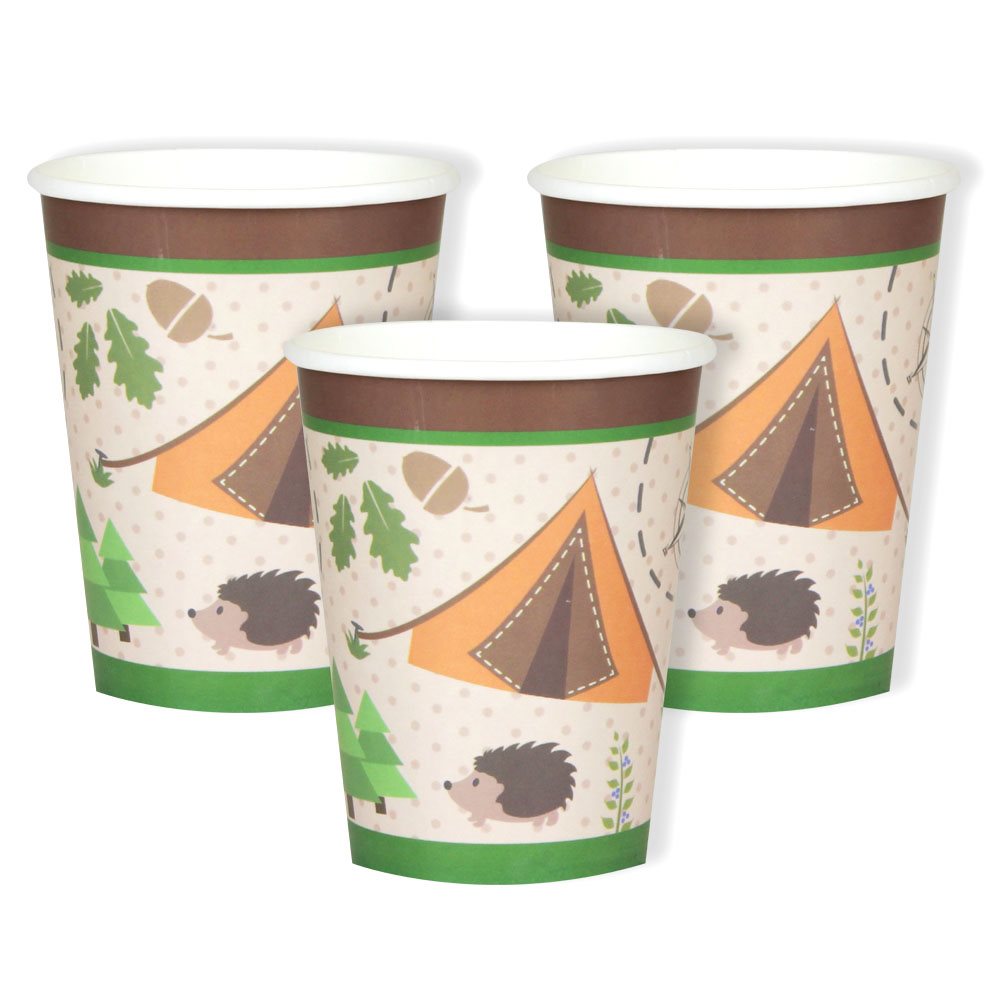 Three paper cups with camping-themed design featuring tents and hedgehogs on a white background.