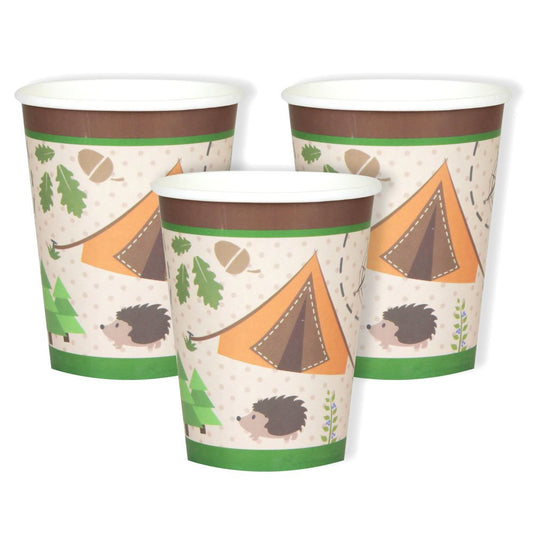 Three paper cups with camping-themed design featuring tents and hedgehogs on a white background.