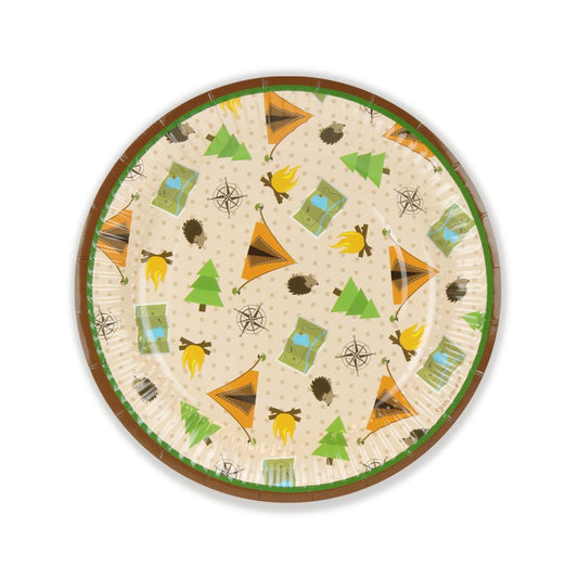 Round paper plate with camping-themed design featuring triangles, trees, and compasses on a beige background.