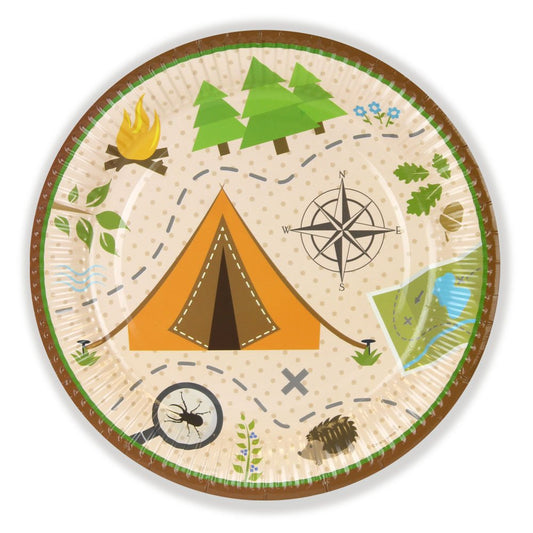 Round paper plate with camping-themed illustrations including a tent, trees, and compass.