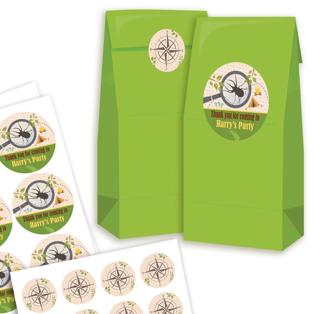 Green party favour bags with personalised labels on a white background