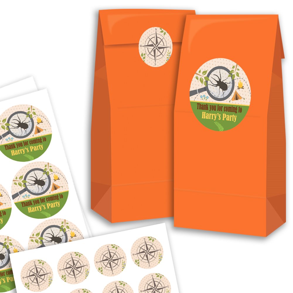 Orange party favour bags with personalised labels on a white background