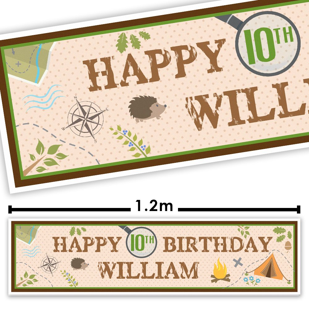 Personalized birthday banner with 'Happy 10th Birthday William' text and camping-themed graphics.