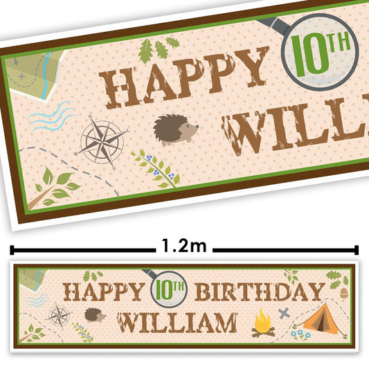 Personalized birthday banner with 'Happy 10th Birthday William' text and camping-themed graphics.