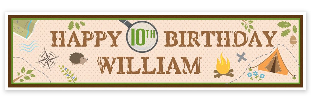 Happy 10th Birthday banner with 'William' on a map-themed background