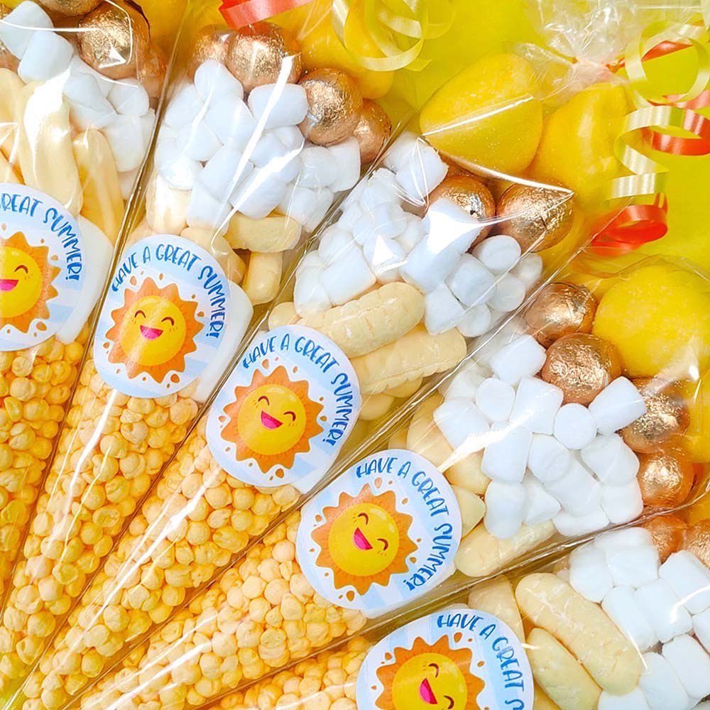 Pre filled sweet cones party favours with summer stickers