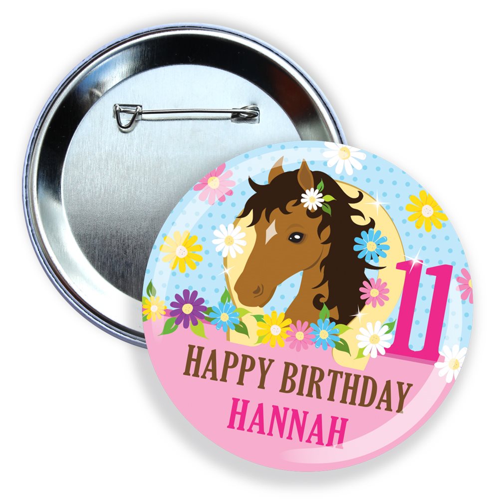 Round birthday button with horse illustration and floral design on a white background
