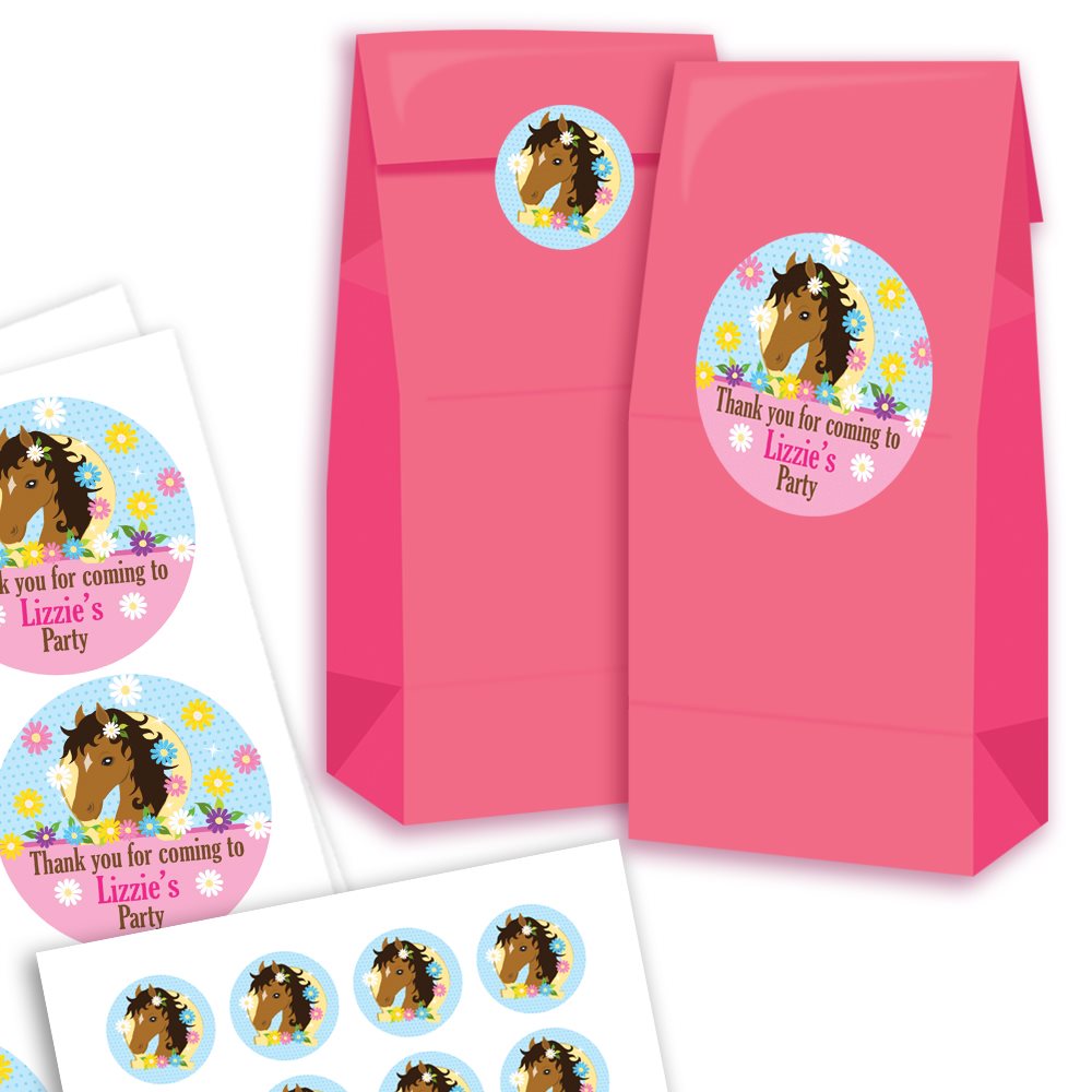 Pink party favour bags with horse-themed stickers on a white background
