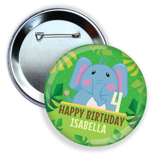 Button badge with elephant design and 'Happy Birthday Isabella' text on a green background