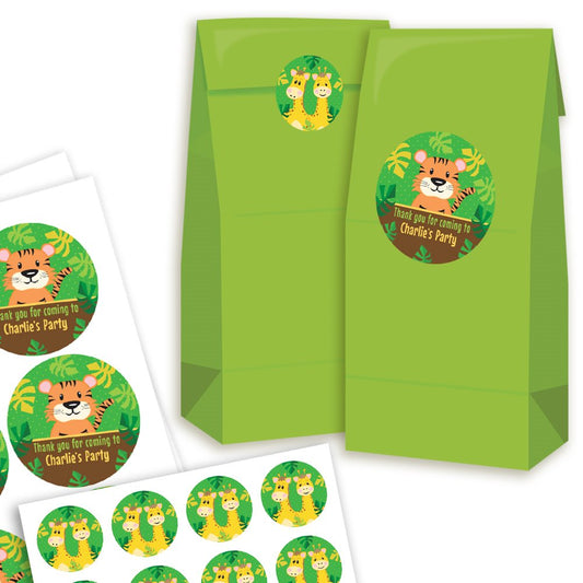 Green party favor bags and stickers with tiger design on a white background
