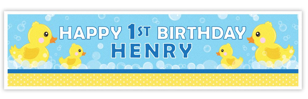 Birthday banner with rubber duck design and text 'Happy 1st Birthday Henry' on a blue background.