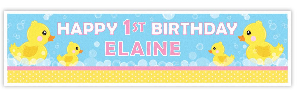 Birthday banner with rubber duckies and text for a first birthday celebration