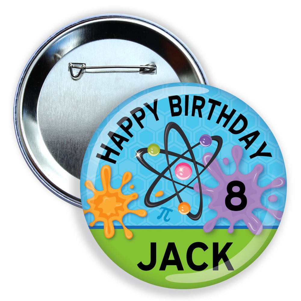 Button badge with 'Happy Birthday Jack 8' design featuring science-themed graphics on a white background.