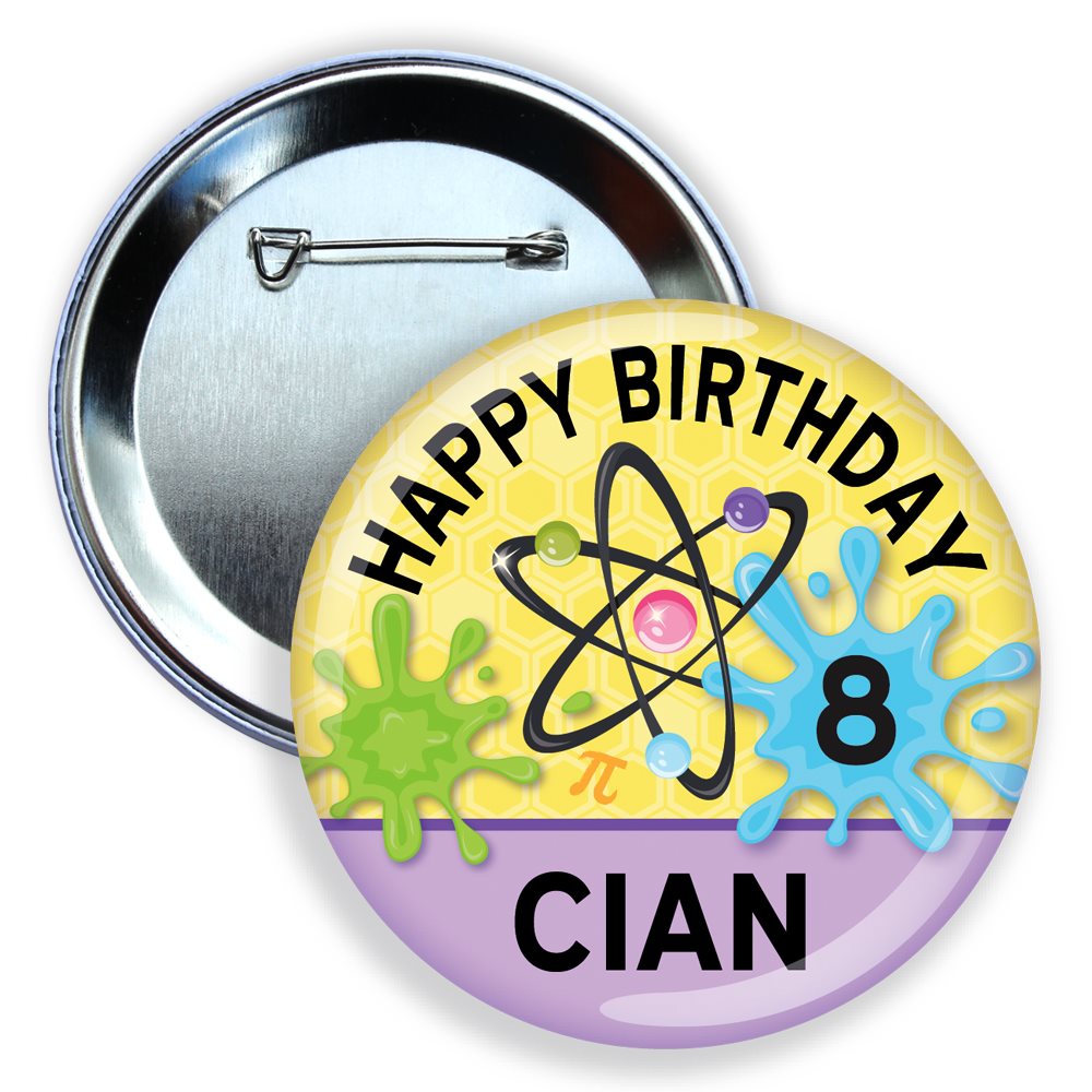 Button badge with 'Happy Birthday Cian 8' text and atom design on a yellow background