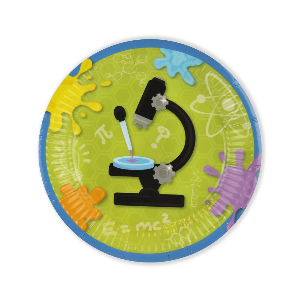 Circular plate with a microscope design on a colourful background