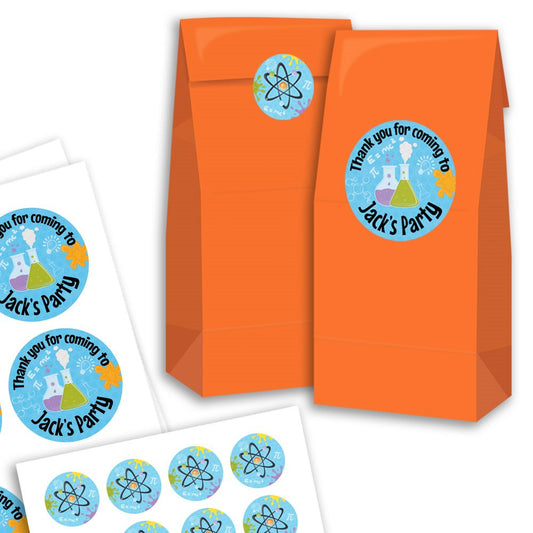 Orange party favor bags with personalized stickers on a white background