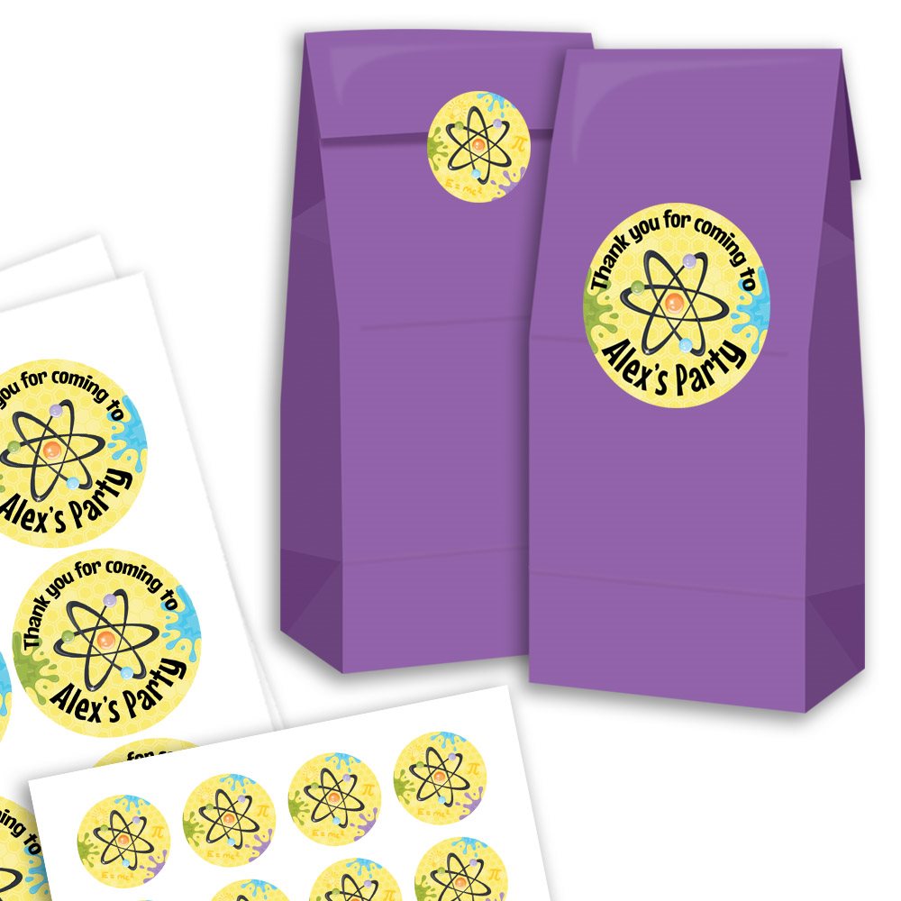 Purple party favour bags with atom-themed stickers on a white background