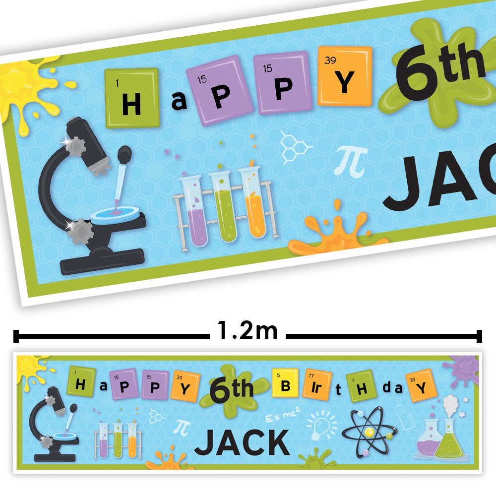 Science-themed birthday banner with 'Happy 6th Birthday Jack' text, featuring a microscope and test tubes on a blue background.